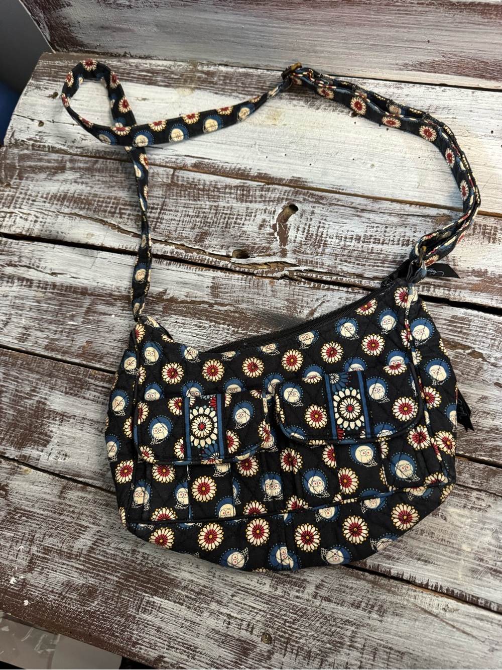 Vera Bradley Black Quilted Crossbody with Red, Cream & Blue Floral Owl Print